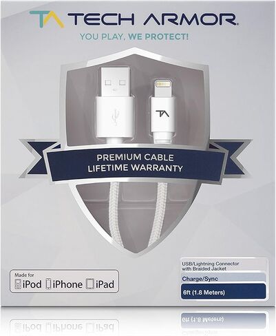 Tech Armor Apple MFi Certified Lightning Cable to USB A - 2FT Space Grey - Tough-Braided Extra-Strong Jacket - Sync/Charge iPhone & iPad in Kuwait