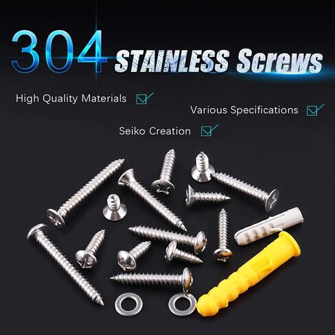 Swpeet 670Pcs 17 Sizes #4#6#8#10#12 304 Stainless Steel Phillips Flat Head and Pan Head Fast Self Tapping Drywall Screws Wood Screws Assortment Kit, Sheet Metal Screws Drive Self Tapping Screws in Saudi Arabia