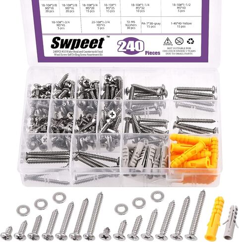 Swpeet 670Pcs 17 Sizes #4#6#8#10#12 304 Stainless Steel Phillips Flat Head and Pan Head Fast Self Tapping Drywall Screws Wood Screws Assortment Kit, Sheet Metal Screws Drive Self Tapping Screws in Kuwait