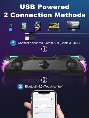 SPKPAL S135 Computer Speakers for Desktop, Touch Control Dynamic RGB Gaming Sound Bar with Bluetooth 5.0 & 3.5mm AUX-in, USB Powered PC Speakers with 10W Stereo Sound for Laptop, Tablet, Monitor, TV in Saudi Arabia