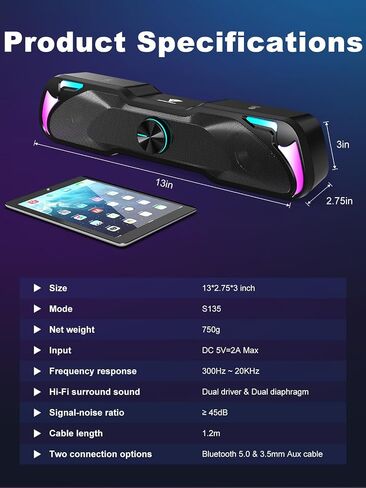 SPKPAL S135 Computer Speakers for Desktop, Touch Control Dynamic RGB Gaming Sound Bar with Bluetooth 5.0 & 3.5mm AUX-in, USB Powered PC Speakers with 10W Stereo Sound for Laptop, Tablet, Monitor, TV in Saudi Arabia
