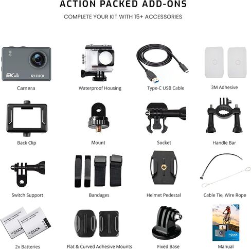 ايزد كاميرا اكشن 5K 30 اطار في الثانية للمبتدئين من كليك | زاوية واسعة 170 درجة HD، تثبيت EIS | موتو فولوج، كاميرا داش، تصميم مقاوم للماء 30 متر، دعم ميكروفون خارجي، اكثر من 15 ملحق، ضمان لمدة عام in Kuwait