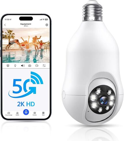 كاميرات مراقبة بمصباح كهربائي 2K لاسلكية في الهواء الطلق، 360 PTZ 5G/2.4G WiFi كاميرات لمبة إضاءة لأمن المنزل خارج المنزل، إنذار صفارات الإنذار للكشف عن الحركة 24/7 رؤية ليلية ملونة تعمل في اتجاهين مع Alexa in Kuwait