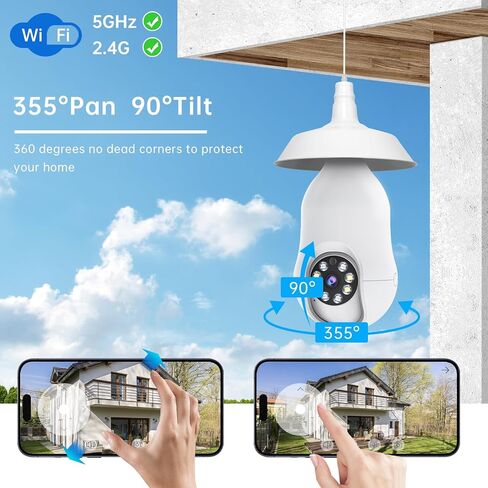 كاميرات مراقبة بمصباح كهربائي 2K لاسلكية في الهواء الطلق، 360 PTZ 5G/2.4G WiFi كاميرات لمبة إضاءة لأمن المنزل خارج المنزل، إنذار صفارات الإنذار للكشف عن الحركة 24/7 رؤية ليلية ملونة تعمل في اتجاهين مع Alexa in Kuwait