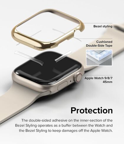 تصميم Ringke Bezel [إطار أنيق من الفولاذ المقاوم للصدأ] متوافق مع Apple Watch Series 9، 8، 7 (45 ملم)، غطاء لاصق واقٍ مضاد للخدش - ذهبي (45-05) in Kuwait