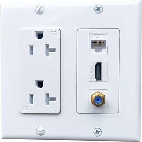 BOPLAT Double Gang 20Amp Power Outlet with Ethernet Coax HDMI Wall Plate - Electrical Wall Outlet with 1 Port HDMI + 1 CAT6 RJ45 Keystone Jack + 1 Coax Cable TV F Type Face Plate - White