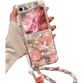 Changjia Samsung Galaxy Z Flip 5 حافظة لامعة، لطيف فاخر ثلاثي الأبعاد كريستال حجر الراين الماس الزهور التألق أحجار مذهلة لؤلؤ مع حزام معصم للنساء الفتيات حافظة لهاتف Galaxy Z Flip 5 5G (وردي) in Kuwait