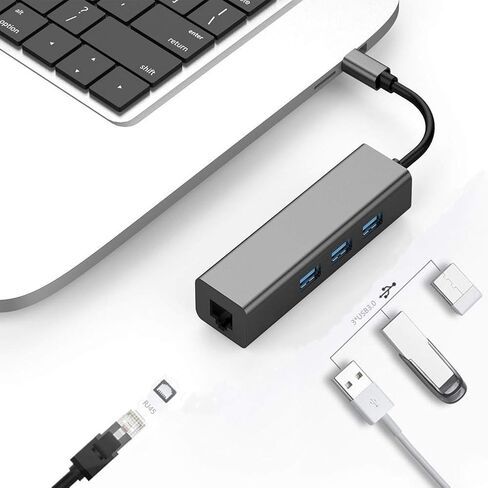 محول USB C محور متعدد المنافذ - 4 في 1، 1xRJ45 Ethernet، 3xUSB 3.0 منافذ متوافقة مع ماك بوك برو، XPS المزيد من الأجهزة نوع C in Kuwait