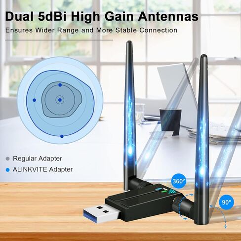 1300M WIFI Adapter for Desktop PC, ALINKVITE 2×5dBi Antenna Mini USB WIFI Adapter, USB 3 WIFI Dongle, 2.4/5GHz USB Network Adapter, WIFI USB Wireless Adapter for WIN 10/8/8.1/7/XP/Vista, Linux, Mac OS in Kuwait