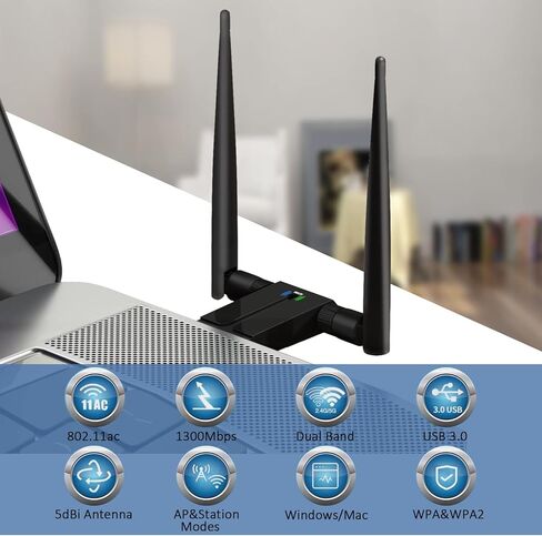 1300M WIFI Adapter for Desktop PC, ALINKVITE 2×5dBi Antenna Mini USB WIFI Adapter, USB 3 WIFI Dongle, 2.4/5GHz USB Network Adapter, WIFI USB Wireless Adapter for WIN 10/8/8.1/7/XP/Vista, Linux, Mac OS in Kuwait