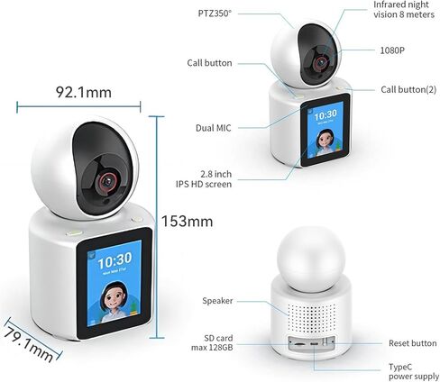كاميرا أمان داخلية ICEELEC، كاميرا مكالمات فيديو ثنائية الاتجاه مع شاشة 2.8 بوصة، تحتوي الكاميرا على زر اتصال بالهاتف، كاميرا واي فاي داخلية 350 درجة، رؤية ليلية عالية الدقة 1080 بيكسل، كشف الحركة للمنزل / الطفل / كبار السن / الحيوانات الأليفة in Kuwait