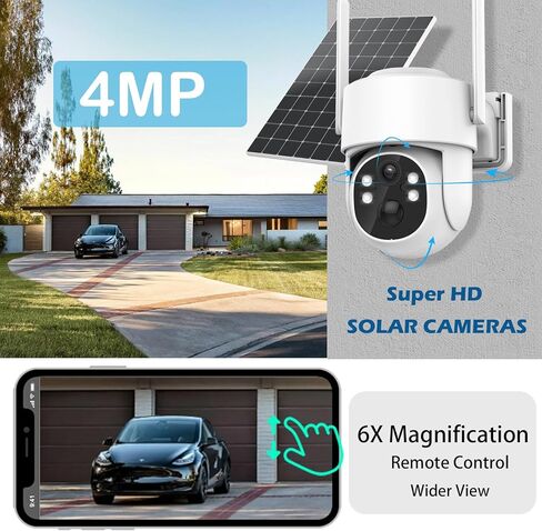 4MP Solar Security Cameras Wireless Outdoor, 360° PTZ Battery Powered Surveillance Camera for Home Security Outside, 2.4Ghz WiFi Cameras, Color Night, 2-Way Audio, IP66 Waterproof, SD/Cloud in Kuwait