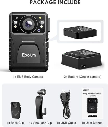كاميرا الجسم Epoium EM3 سعة 128 جيجابايت مع صوت، دقة فيديو 1440 بكسل، زاوية واسعة 130 درجة، قطعتان بطارية قابلة للاستبدال، تدعم التسجيل لمدة 8 ساعات، كاميرات جسم يمكن ارتداؤها لركوب الخيل والمشي لمسافات طويلة والمشي مع الحيوانات الأليفة in Kuwait