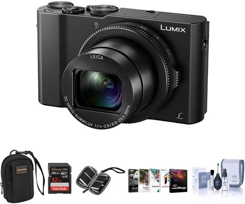 كاميرا باناسونيك لوميكس DMC-LX10 4K رقمية بوينت آند شوت، حزمة مستشعر 20.1 ميجابيكسل 1 بوصة مع حقيبة كاميرا، بطاقة SD سعة 32 جيجابايت، حافظة بطاقة SD، مجموعة برامج الكمبيوتر، مجموعة أدوات التنظيف in Kuwait
