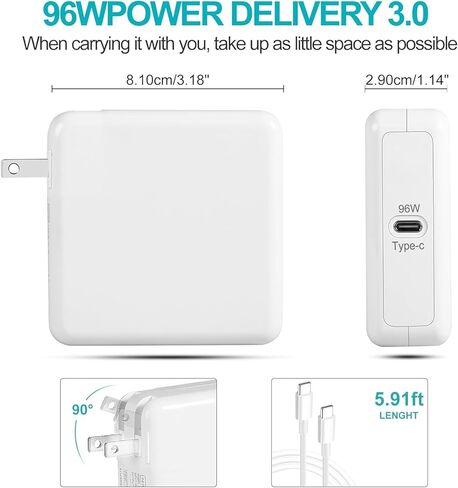 شاحن Mac Book Pro لشاحن Mac Book Air شاحن USB C للكمبيوتر المحمول، شاحن كمبيوتر محمول بقدرة 96 وات لشاحن ipad Pro، يتضمن كابل من النوع C in Kuwait