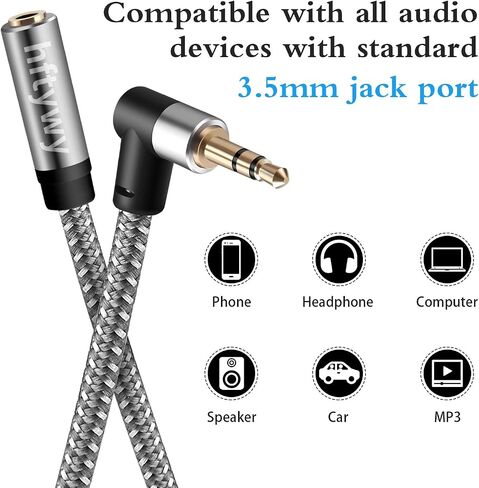10ft 3.5mm Headphone Extension Cord Male to Female Stereo Audio Extender, 90 Degree Right Angle 1/8 Inch TRS Aux Wire for TV, PC, Smartphones, Braided Double Shielded in Kuwait