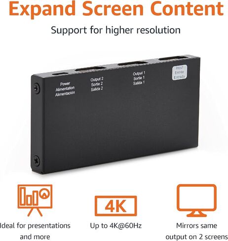 Amazon Basics HDMI Splitter 1 in 2 Out for Dual Monitors, 4K@60Hz, Mirror Only, Black in Saudi Arabia