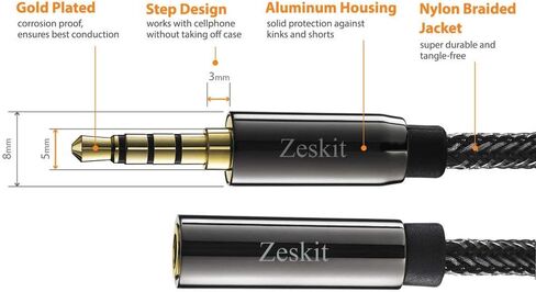 Zeskit Premium 3.5 ملم جاك ذكر إلى أنثى AUX كابل تمديد الصوت، TRRS 4 أقطاب لسماعات الرأس مع ميكروفون ومكبرات الصوت - 6 قدم in Kuwait