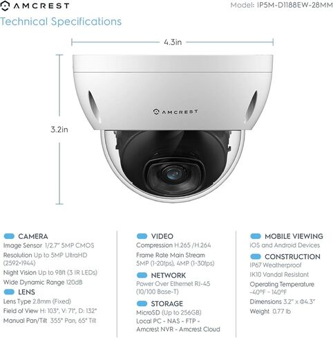 كاميرا Amcrest 2-Pack 5MP POE، كاميرا IP POE IP للتخريب في الهواء الطلق، 5 ميجابيكسل، رؤية ليلية 98 قدمًا، عدسة 2.8 مم، IP67، مقاومة IK10، MicroSD 256 جيجابايت (تباع بشكل منفصل) (IP5M-D1188EW-28MM) in Kuwait