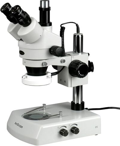 AmScope SM-2T-LED Professional Trinocular Stereo Zoom Microscope, WH10x Eyepieces, 7X-45X Magnification, 0.7X-4.5X Zoom Objective, Upper and Lower LED Lighting, Pillar Stand, 110V-120V in Saudi Arabia