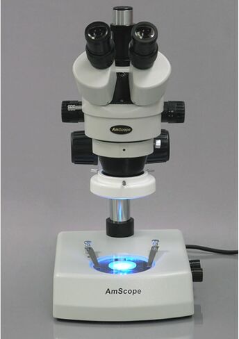 AmScope SM-2T-LED Professional Trinocular Stereo Zoom Microscope, WH10x Eyepieces, 7X-45X Magnification, 0.7X-4.5X Zoom Objective, Upper and Lower LED Lighting, Pillar Stand, 110V-120V in Saudi Arabia
