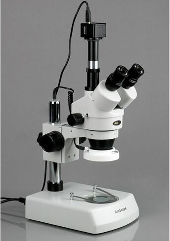 AmScope SM-2T-LED Professional Trinocular Stereo Zoom Microscope, WH10x Eyepieces, 7X-45X Magnification, 0.7X-4.5X Zoom Objective, Upper and Lower LED Lighting, Pillar Stand, 110V-120V in Saudi Arabia