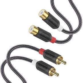J&D 2 RCA Extension Cable, RCA Cable Gold Plated Audiowave Series 2 RCA Male to 2 RCA Female Stereo Audio Cable with PVC Shelled Housing and Nylon Braid, 9 Feet