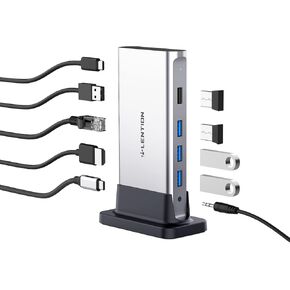 قاعدة توصيل LENTION USB C مع HDMI 4K@60 هرتز، USB 3.0/2.0، جيجابت إيثرنت، 100 واط PD ومحول Aux لـ 2023-2016 MacBook Pro/Mac Air/Surface/Steam Deck، المزيد، برنامج تشغيل ثابت معتمد (CB-D53s، فضي)