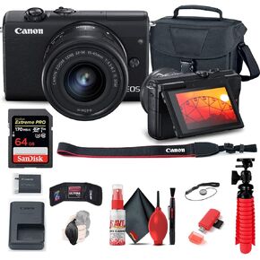 Canon EOS M200 with 15-45mm Lens & Tripod (3699C009) (Black) Bundle | For Photography & Video | Digital Camera + 64GB Memory Card + Cleaning Kit + Card Reader + Cap Keeper + Hand Strap + Case in Saudi Arabia
