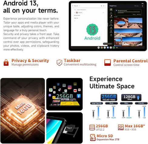 تابلت TECLAST Android 13 مقاس 10.4 بوصة، T40Air 16GB+256GB Tablet، 1TB توسيع، معالج ثماني النواة Android Tablet، 2000 * 1200 FHD، 2.4G/5G WiFi، 7200mAh، شاحن PD سريع، GPS، كاميرا مزدوجة 5MP+13 MP in Kuwait