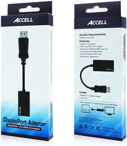 Accell DP to HDMI Adapter - DisplayPort 1.2 to HDMI 2.0 Active Adapter - 4K UHD @60Hz, 3D Resolutions up to 1920x1080@120Hz, Black (B086B-011B) in Kuwait