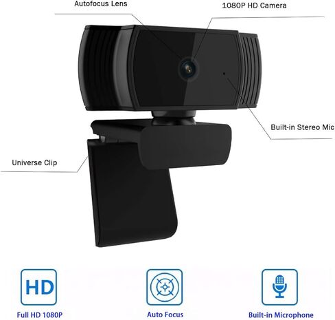 كاميرات ويب كمبيوتر AutoFocus 1080P مع ميكروفونات مزدوجة، وكاميرا ويب للعمل عن بعد والتعلم عن بعد ومؤتمرات الألعاب وبث الفيديو المباشر وكاميرا ويب للكمبيوتر المحمول وكاميرا كمبيوتر USB لتكبير YouTube Skype in Kuwait