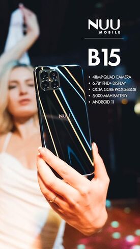 NUU B15 Unlocked Android Cell Phone, Dual SIM 4G, 6.78'' Full HD+ Display, 90Hz, Quad-Camera 48 MP, 4GB + 128GB, 5000 mAh, 18W Fast Charge, Black, US Warranty & Hotline Support in Kuwait