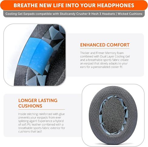 WC Freeze Crusher - Cooling Gel Earpads for Skullcandy Crusher & Hesh 3 | Made by Wicked Cushions | Also fits Crusher ANC 2, Crusher 720 & 1080 | Soft Memory Foam, Cooler for Longer | Black in Kuwait