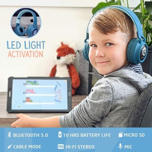 سماعات رأس بلوتوث PowerLocus للأطفال، سماعات رأس بلوتوث لاسلكية، سماعات رأس للأطفال فوق الأذن مزودة بإضاءة LED، سماعة رأس قابلة للطي مع ميكروفون، حجم محدود، سماعة رأس لاسلكية/سلكية للهواتف والأجهزة اللوحية والكمبيوتر المحمول in Kuwait