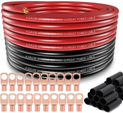 4 Gauge Wire (25ft Each- Black/Red) Copper Clad Aluminum CCA,10pcs Lugs Terminal Connectors with 3:1 Heat Shrink Tube for Power/Auto,Amplifier,Ground Cable in Saudi Arabia