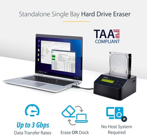 StarTech.com Single Bay Hard Drive Eraser, Standalone HDD/SSD Disk Wiper/Sanitizer, 4Kn, USB 3.0 to SATA III, 9 Erase Modes, LCD, RS232 Printer Port, Hardware Erasing Tool, TAA Compliant (SDOCK1EU3P2) in Saudi Arabia