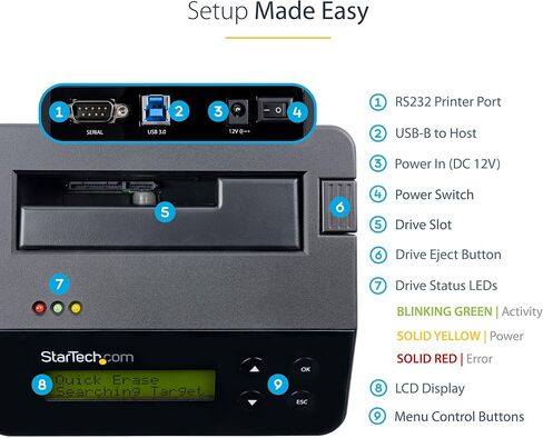 StarTech.com Single Bay Hard Drive Eraser, Standalone HDD/SSD Disk Wiper/Sanitizer, 4Kn, USB 3.0 to SATA III, 9 Erase Modes, LCD, RS232 Printer Port, Hardware Erasing Tool, TAA Compliant (SDOCK1EU3P2) in Saudi Arabia