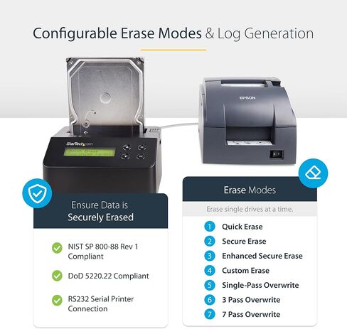 StarTech.com Single Bay Hard Drive Eraser, Standalone HDD/SSD Disk Wiper/Sanitizer, 4Kn, USB 3.0 to SATA III, 9 Erase Modes, LCD, RS232 Printer Port, Hardware Erasing Tool, TAA Compliant (SDOCK1EU3P2) in Saudi Arabia