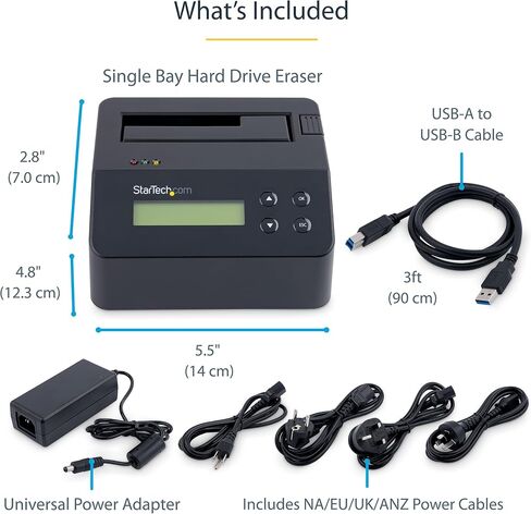 StarTech.com Single Bay Hard Drive Eraser, Standalone HDD/SSD Disk Wiper/Sanitizer, 4Kn, USB 3.0 to SATA III, 9 Erase Modes, LCD, RS232 Printer Port, Hardware Erasing Tool, TAA Compliant (SDOCK1EU3P2) in Saudi Arabia