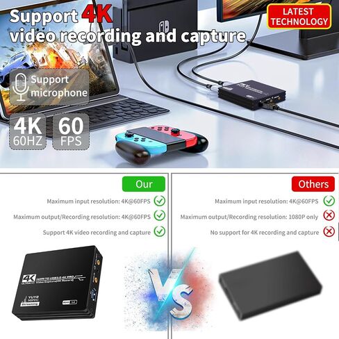 بطاقة التقاط HDMI 4K@60 هرتز، بطاقة التقاط فيديو صوتية مع ميكروفون 4K 60 إطارًا في الثانية USB3.0، تدعم تسجيل 4K/تنسيق YUY2، مسجل فيديو لنينتندو سويتش/PS5/Xbox/OBS/الكاميرا/الكمبيوتر الشخصي، الألعاب/البث المباشر in Saudi Arabia