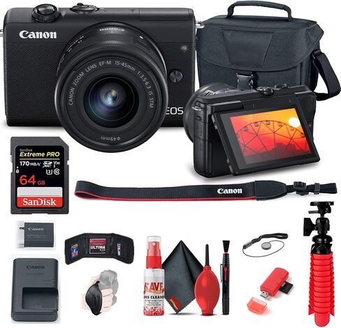 Canon EOS M200 with 15-45mm Lens & Tripod (3699C009) (Black) Bundle | For Photography & Video | Digital Camera + 64GB Memory Card + Cleaning Kit + Card Reader + Cap Keeper + Hand Strap + Case in Saudi Arabia