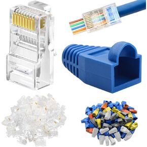 موصلات DKARDU RJ45 CAT5 Cat6 تنتهي بالمرور عبر قابس شبكة Ethernet 8P8C UTP لكابل RJ45، 50 قطعة ذكر تجعيد RJ45 شفاف، مع غطاء حذاء RJ45 5 ألوان in Kuwait