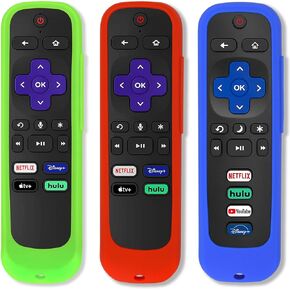 Pinowu [3 Pack] Silicone Case for Roku Remote, Universal Sleeve Skin Cover for Hisense/TCL Roku TV Steaming Stick/Express Roku TV Remotes with Straps (Green Glow & Pink & Mint)