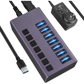 موزع USB 3.0 - موزع USB يعمل بـ 7 منافذ، محور شحن USB بقدرة 36 ​​وات مع مفاتيح تشغيل/إيقاف فردية ومحول طاقة 12 فولت/3 أمبير وإضاءة للكمبيوتر الشخصي والكمبيوتر المحمول والكمبيوتر المحمول والأقراص الصلبة المحمولة ومحرك الأقراص المحمول والمزيد (بنفسجي) in Kuwait