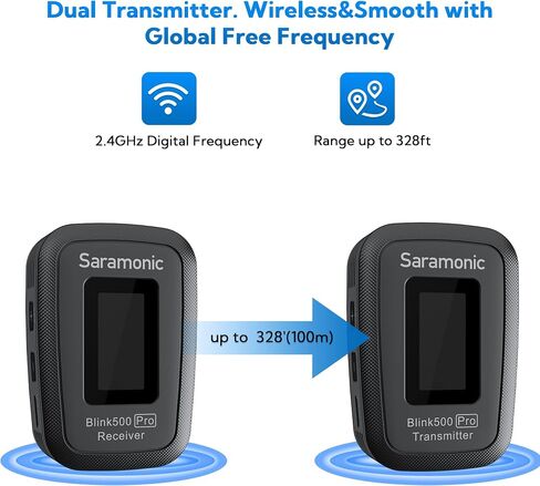 Saramonic Blink500 Pro B1 Mini Dual-channel Stereo Wireless Microphone with Charging Case, OLED display& 3.5mm headphone output for DSLR, Mirrorless and Video cameras, Smartphones, Tablets, Computers in Saudi Arabia