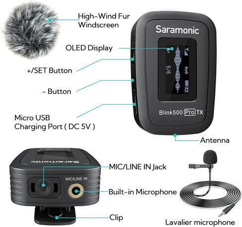 Saramonic Blink500 Pro B1 Mini Dual-channel Stereo Wireless Microphone with Charging Case, OLED display& 3.5mm headphone output for DSLR, Mirrorless and Video cameras, Smartphones, Tablets, Computers in Saudi Arabia