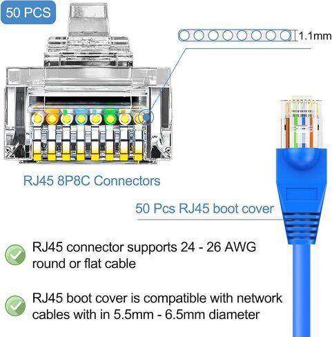 موصلات DKARDU RJ45 CAT5 Cat6 تنتهي بالمرور عبر قابس شبكة Ethernet 8P8C UTP لكابل RJ45، 50 قطعة ذكر تجعيد RJ45 شفاف، مع غطاء حذاء RJ45 5 ألوان in Kuwait
