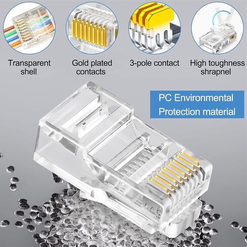موصلات DKARDU RJ45 CAT5 Cat6 تنتهي بالمرور عبر قابس شبكة Ethernet 8P8C UTP لكابل RJ45، 50 قطعة ذكر تجعيد RJ45 شفاف، مع غطاء حذاء RJ45 5 ألوان in Kuwait