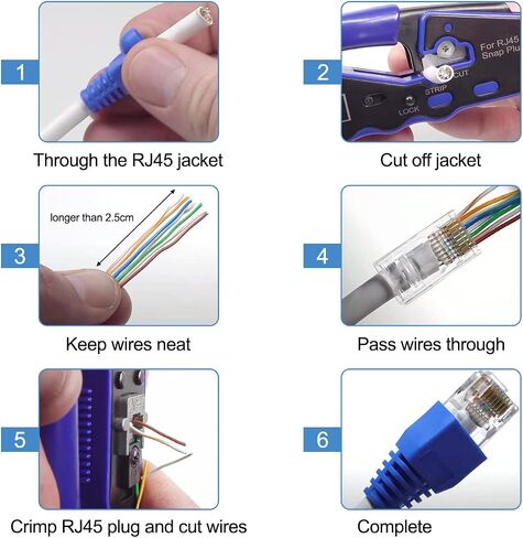 موصلات DKARDU RJ45 CAT5 Cat6 تنتهي بالمرور عبر قابس شبكة Ethernet 8P8C UTP لكابل RJ45، 50 قطعة ذكر تجعيد RJ45 شفاف، مع غطاء حذاء RJ45 5 ألوان in Kuwait